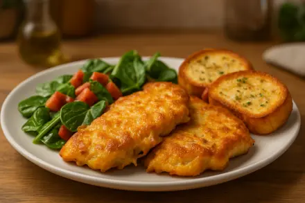Фото Хрустящее мясо в сырном кляре с чесночными гренками
