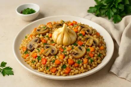 Фото Плов из перловки с грибами и овощами