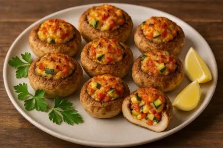 Фото Фаршированные шампиньоны с овощами в духовке
