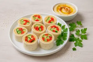 Изображение рецепта Рулетики из лаваша с хумусом и свежими овощами