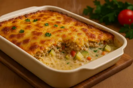 Фото Сочная запеканка с куриным фаршем, кабачками и сырным соусом