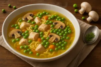 Изображение рецепта Куриный суп с шампиньонами и зеленым горошком