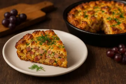 Фото Сытный мясной пирог с хлебом и сыром