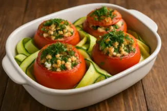 Изображение рецепта Запечённые помидоры с курицей, сыром и цукини