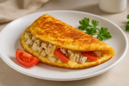 Фото Омлет с курицей и сыром на сковороде