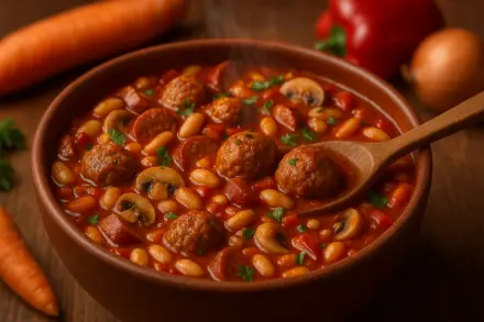 Фото Рагу «Мясной пир» с фрикадельками, колбасками и фасолью