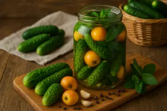 Изображение рецепта Маринованные огурцы с ранетками и мятой