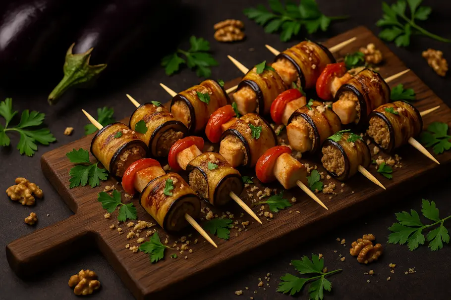 Фото готового рецепта Баклажановые рулеты с курицей и ореховой начинкой