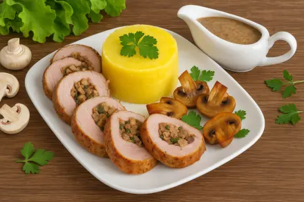 Фото Рулет из свинины с грибами и сливочным соусом