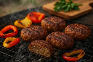 Изображение рецепта Сочные котлеты из говядины и курицы с перцами на углях