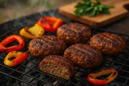 Фото Сочные котлеты из говядины и курицы с перцами на углях