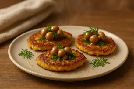 Фото Драники с маринованными грибами и укропом