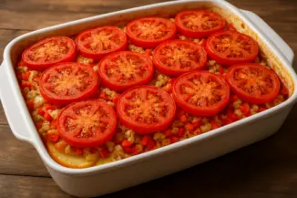 Изображение рецепта Запеканка с картофелем, рисом и курицей в овощах
