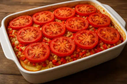 Фото Запеканка с картофелем, рисом и курицей в овощах