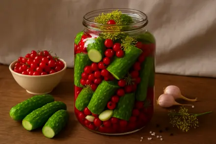 Фото Маринованные огурцы с красной смородиной