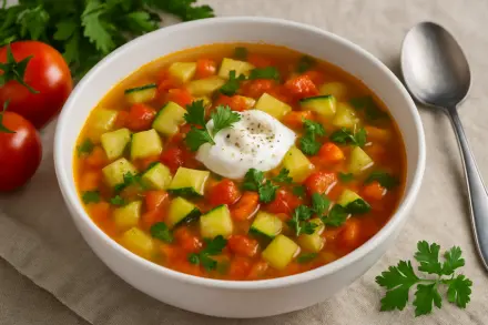 Фото Овощной суп с кабачками и помидорами