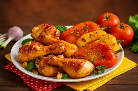 Фото Сочные куриные окорочка с печеными перцами