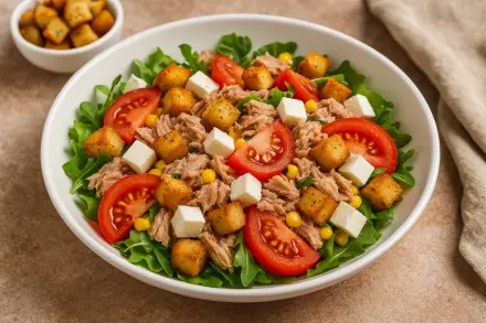 Фото Салат с сухариками, тунцом, помидорами и фетой