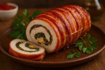 Фото Сочный куриный рулет с беконом, сыром и щавелем