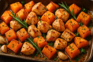 Превью рецепта Сочная запечённая тыква с курицей и розмарином