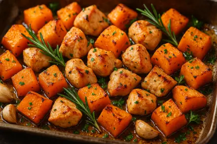 Фото Сочная запечённая тыква с курицей и розмарином