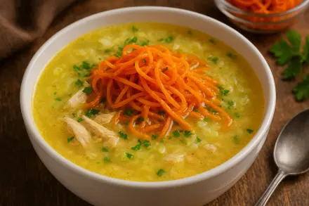 Фото Куриный суп с манкой и морковкой по-корейски