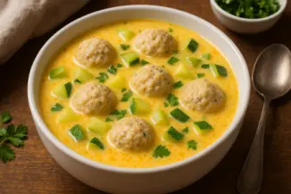 Превью рецепта Сырный суп с куриными фрикадельками и кабачком