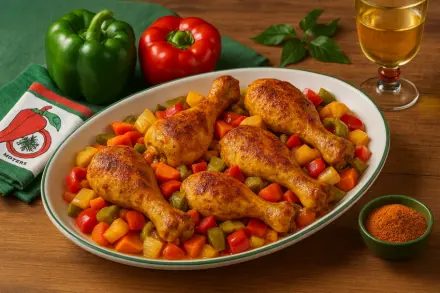 Фото Куриные ножки с овощами и куркумой, запечённые в духовке