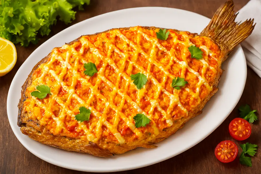 Фото готового рецепта Карп запеченный по-кубански с сыром и помидорами