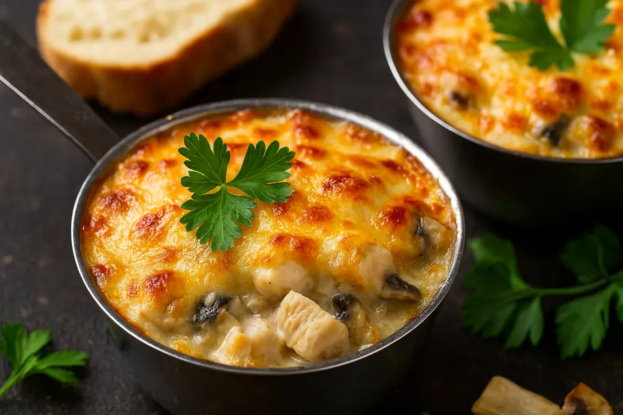 Фото готового рецепта Жульен с курицей и грибами в сливочном соусе