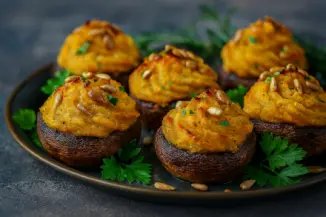 Превью рецепта Грибные шляпки с картофельно-тыквенным пюре и сыром