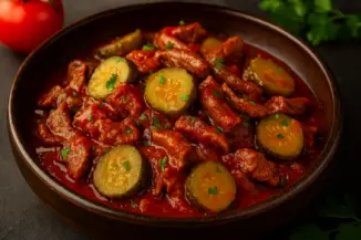 Превью рецепта Гуляш из говядины с огурцами и томатами