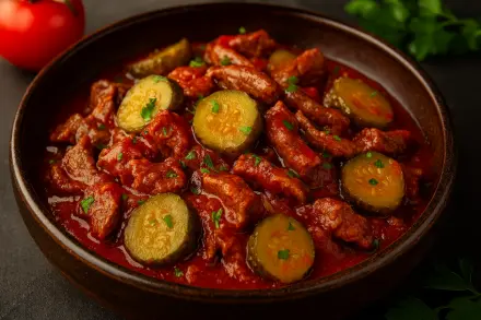 Фото Гуляш из говядины с огурцами и томатами