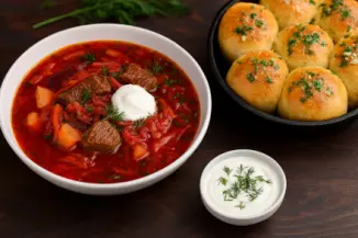 Превью рецепта Настоящий Украинский борщ с говядиной и пампушками