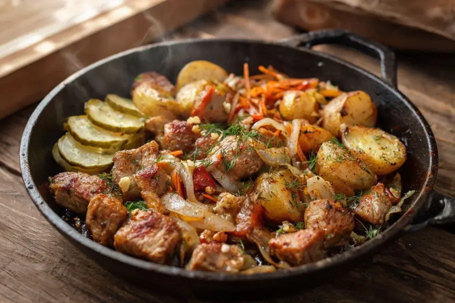 Фото готового рецепта Азу по-татарски из свинины с картофелем на сковороде