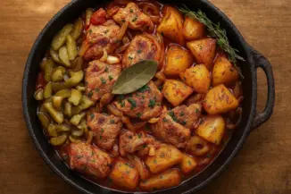 Превью рецепта Азу из индейки с солёными огурцами и картофелем на сковороде