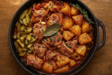 Фото Азу из индейки с солёными огурцами и картофелем на сковороде