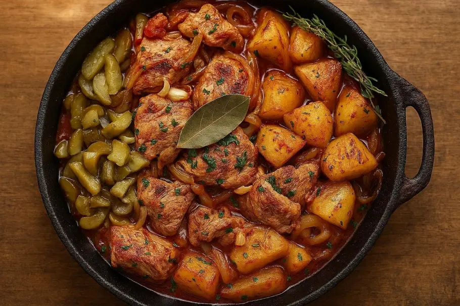 Фото готового рецепта Азу из индейки с солёными огурцами и картофелем на сковороде