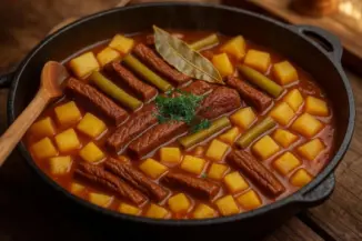 Превью рецепта Азу по-татарски с солёными огурцами и картошкой в казане