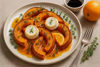Превью рецепта Тыква, запечённая с козьим сыром, тимьяном и апельсиновым соусом