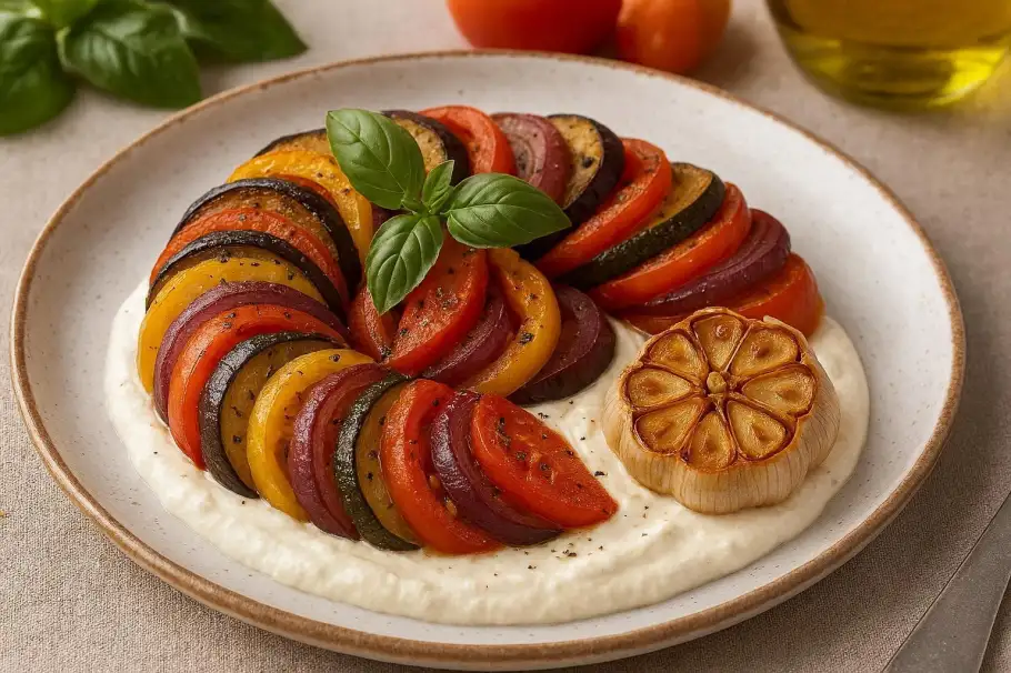 Фото готового рецепта Рататуй с кремом из сыра и запечённым чесноком