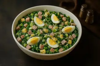 Превью рецепта Сытный салат с ветчиной, сыром и зеленым луком