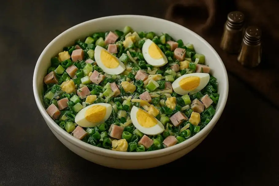 Фото готового рецепта Сытный салат с ветчиной, сыром и зеленым луком