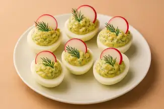 Превью рецепта Фаршированные яйца с редисом и огурцом