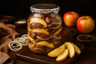 Превью рецепта Печень куриная, запечённая в банке с яблоками