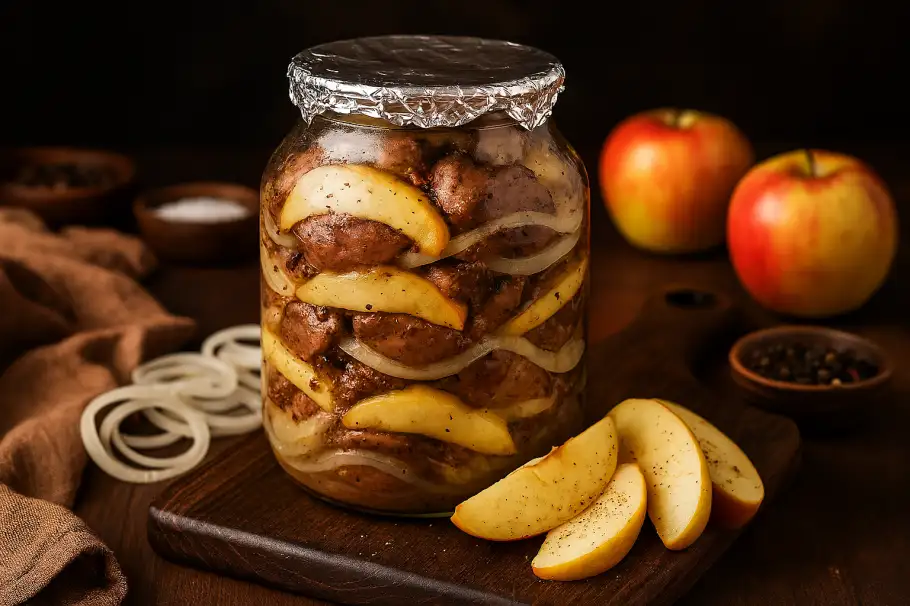 Фото готового рецепта Печень куриная, запечённая в банке с яблоками
