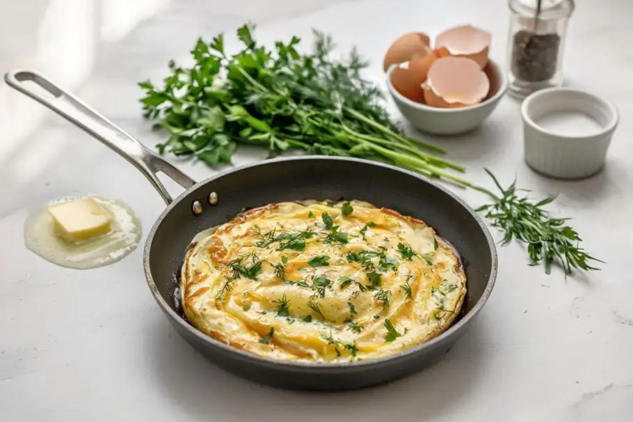 Фото готового рецепта Французский омлет с травами на сковороде