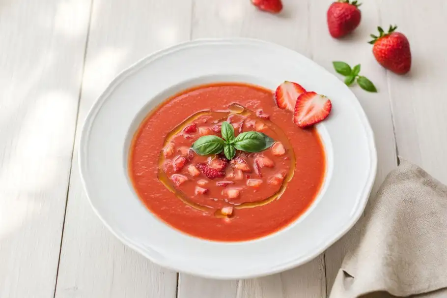 Фото готового рецепта Томатный суп с клубникой и базиликом
