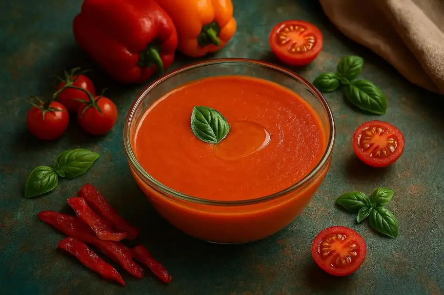 Фото готового рецепта Гаспачо из запечённых перцев и томатов с базиликом