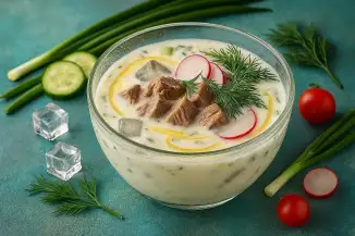 Превью рецепта Окрошка с телятиной на айране и горчице